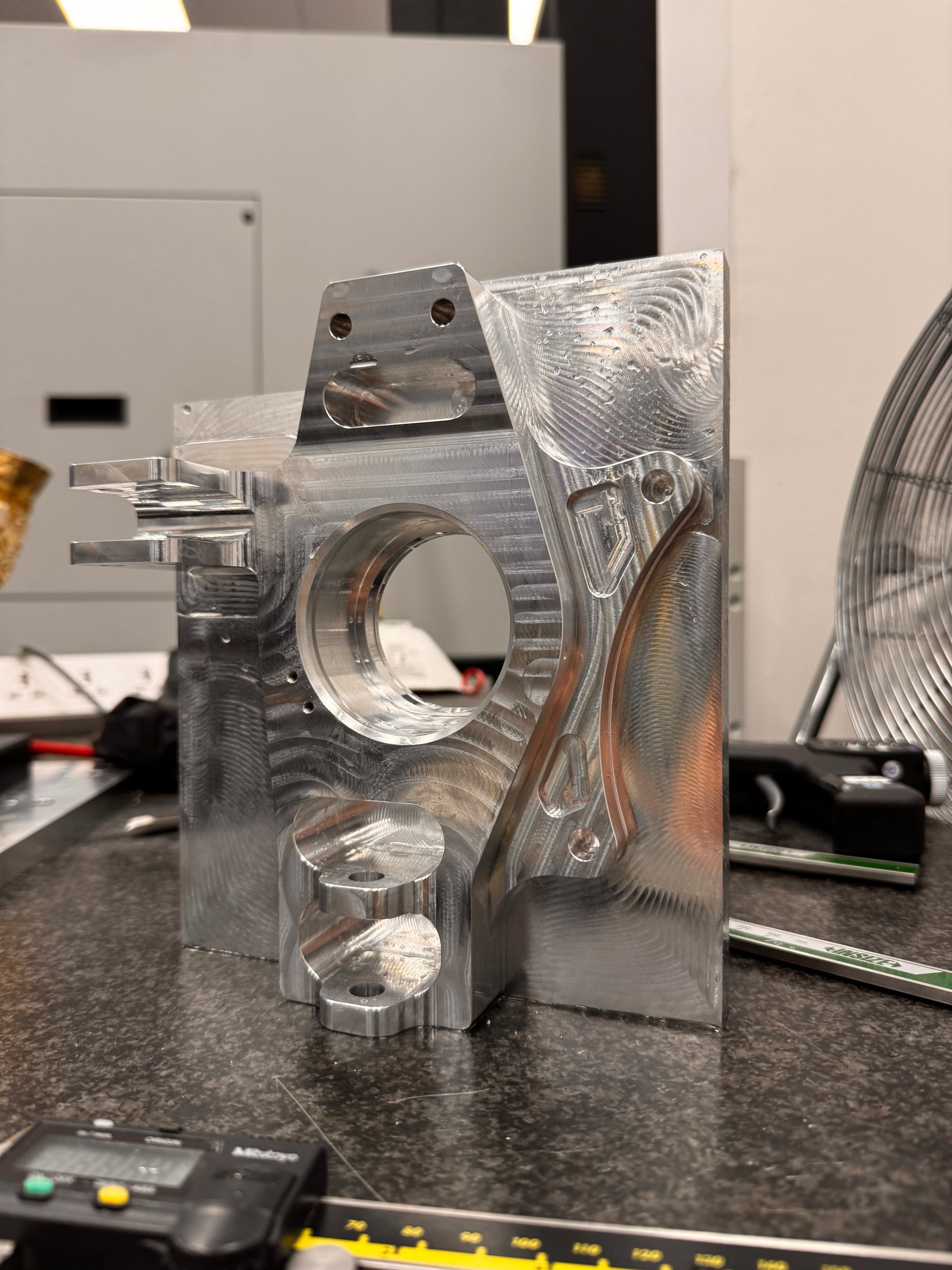 Op 2 setup — upright flipped for underside geometry and internal pocket work