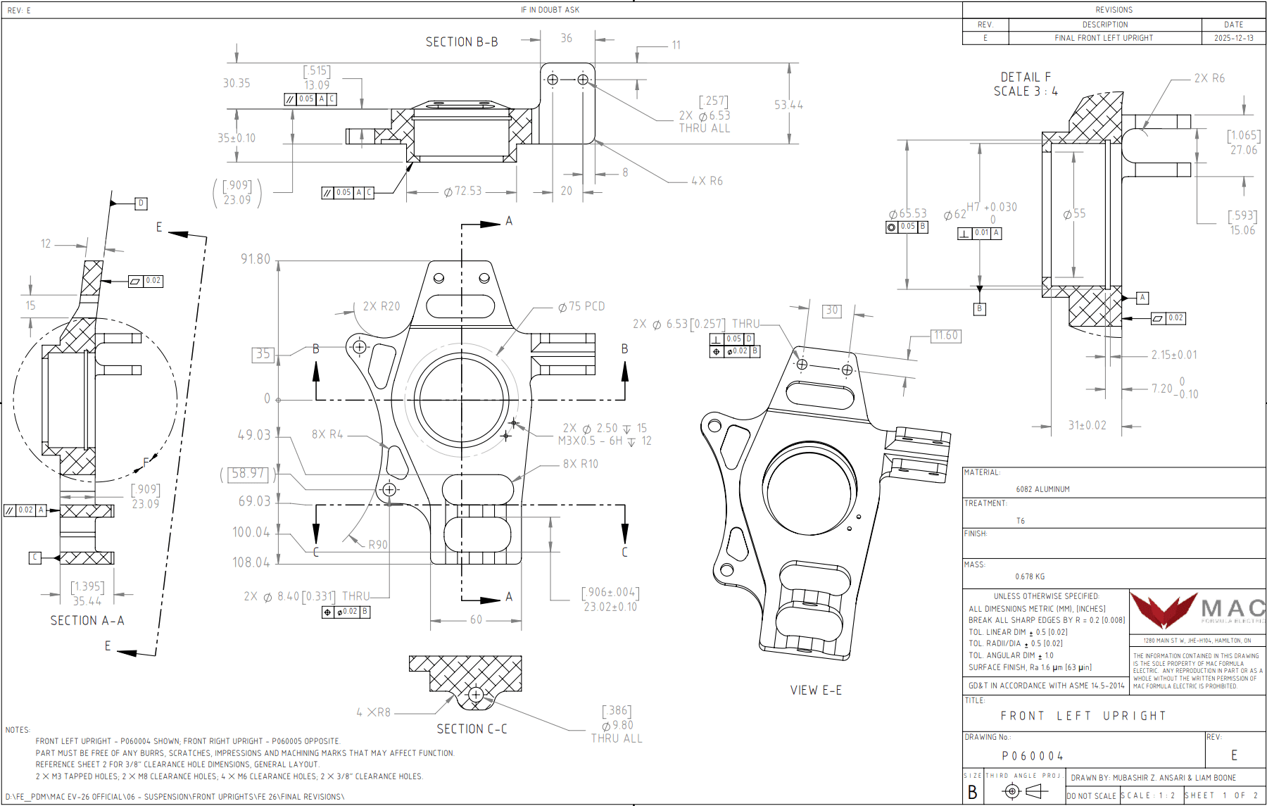 FSAE EV7 front upright engineering drawing — GD&T callouts, bearing bore tolerance, suspension pickup geometry specifications